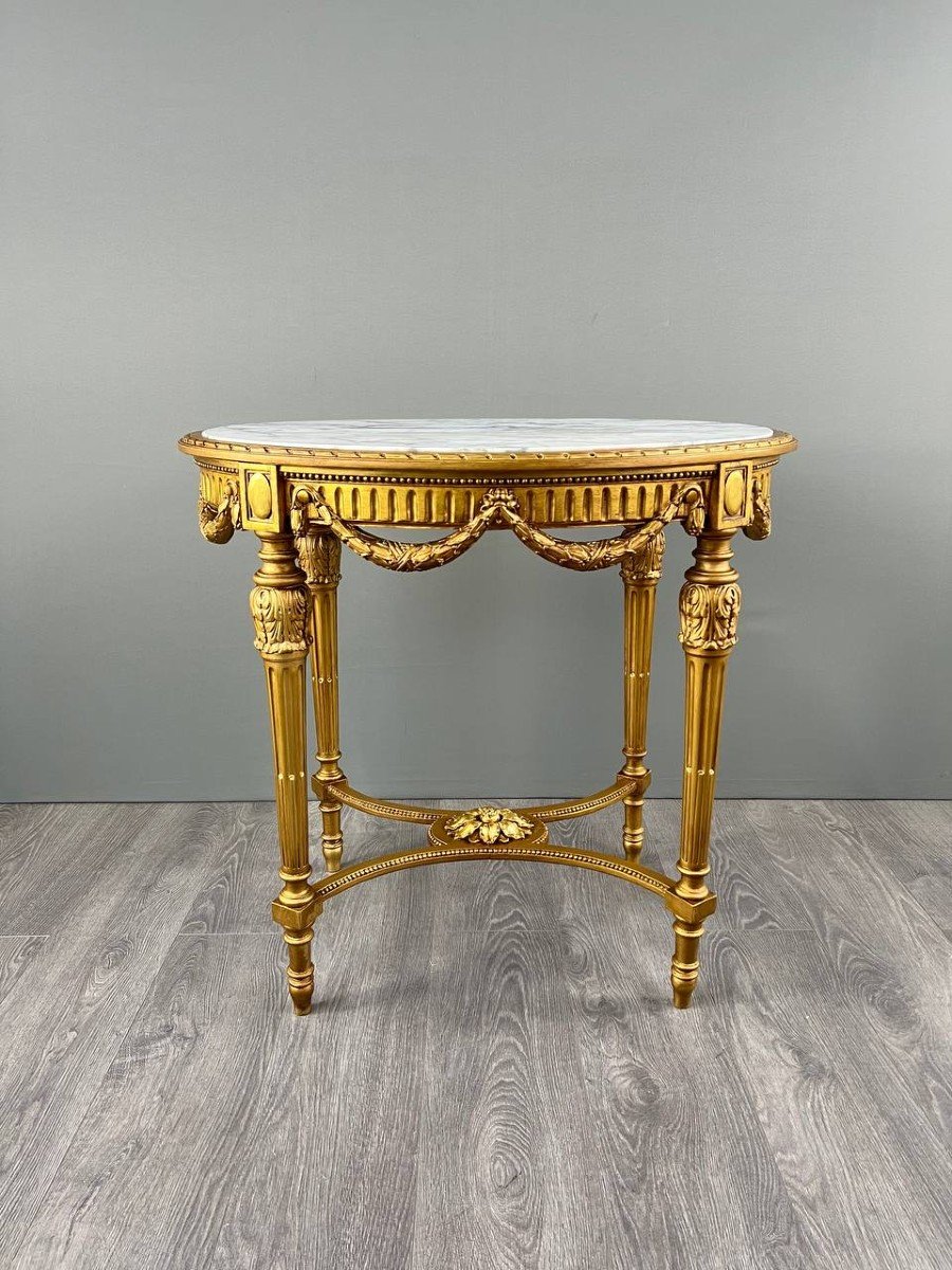 Louis XVI Gueridon Table In Gilded Wood And White Marble, 19th Century-photo-4