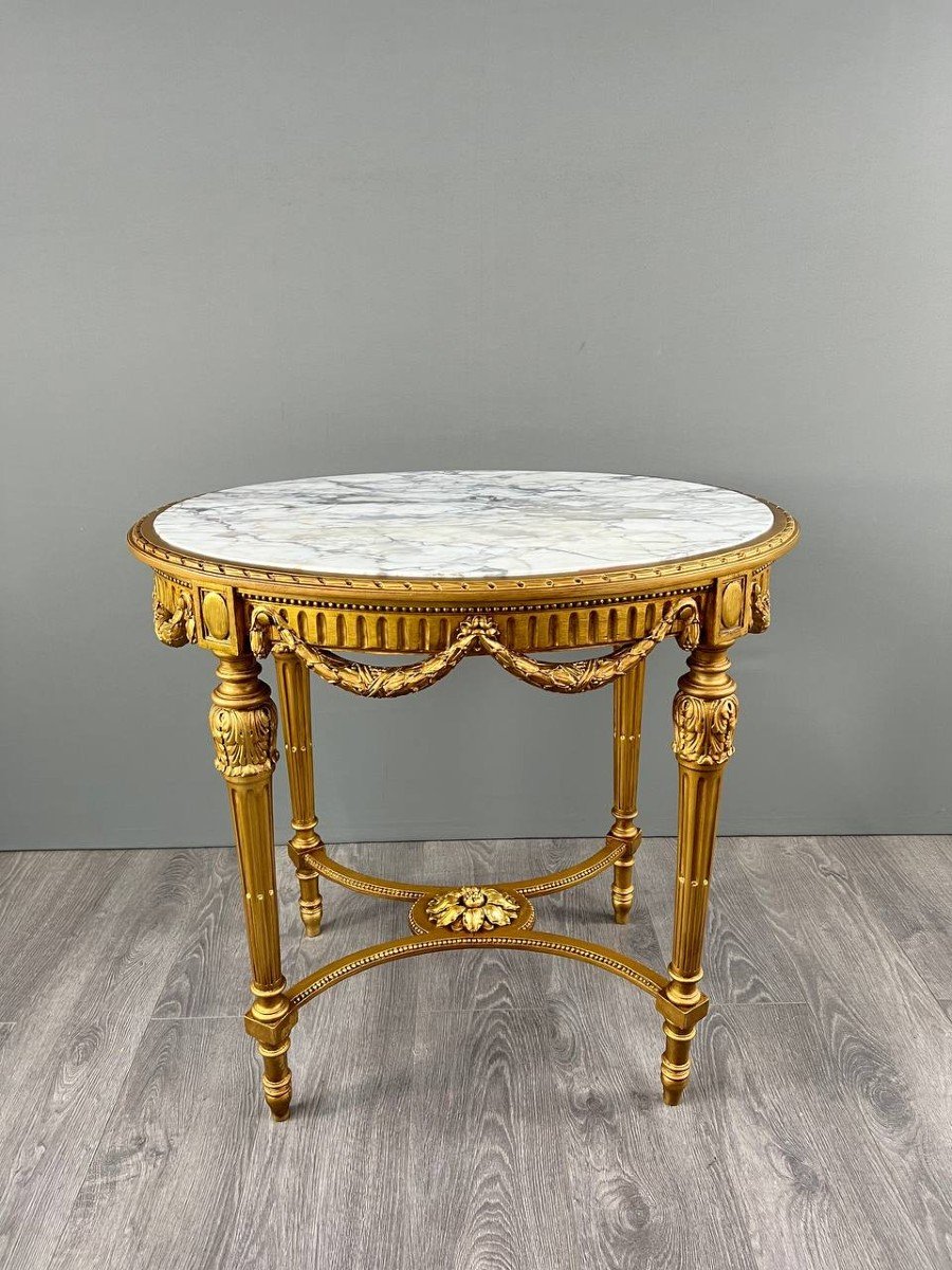 Louis XVI Gueridon Table In Gilded Wood And White Marble, 19th Century-photo-1