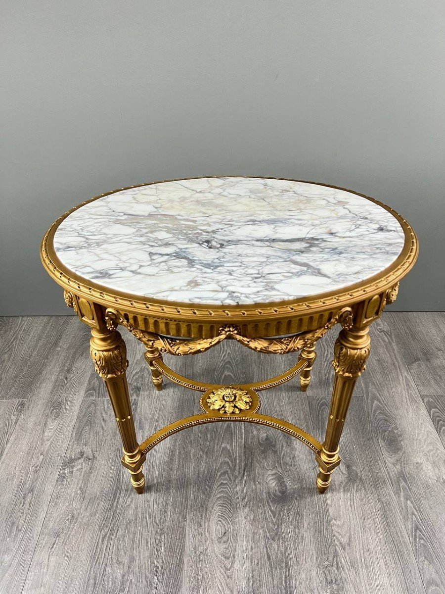 Louis XVI Gueridon Table In Gilded Wood And White Marble, 19th Century-photo-2