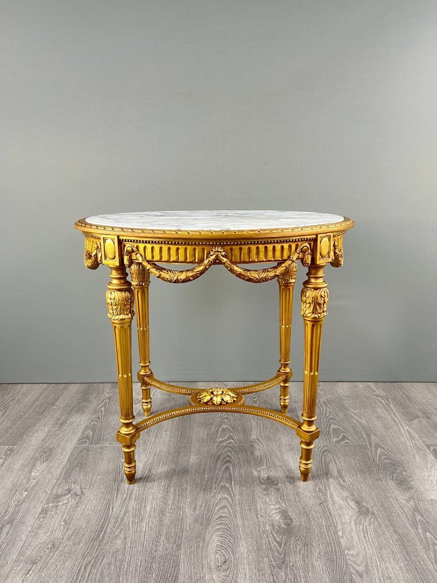 Louis XVI Gueridon Table In Gilded Wood And White Marble, 19th Century-photo-3