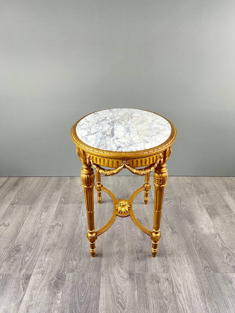 Louis XVI Gueridon Table In Gilded Wood And White Marble, 19th Century-photo-5