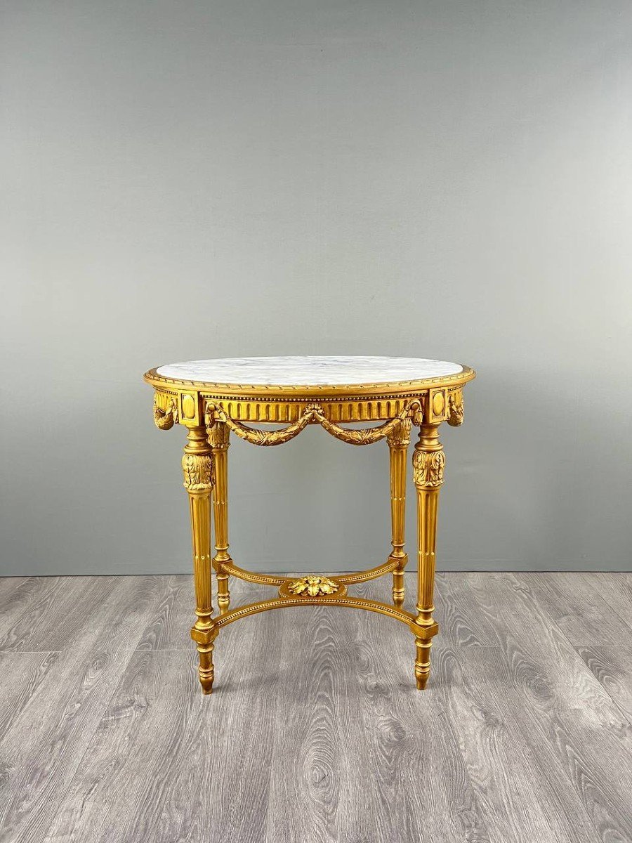 Louis XVI Gueridon Table In Gilded Wood And White Marble, 19th Century-photo-6