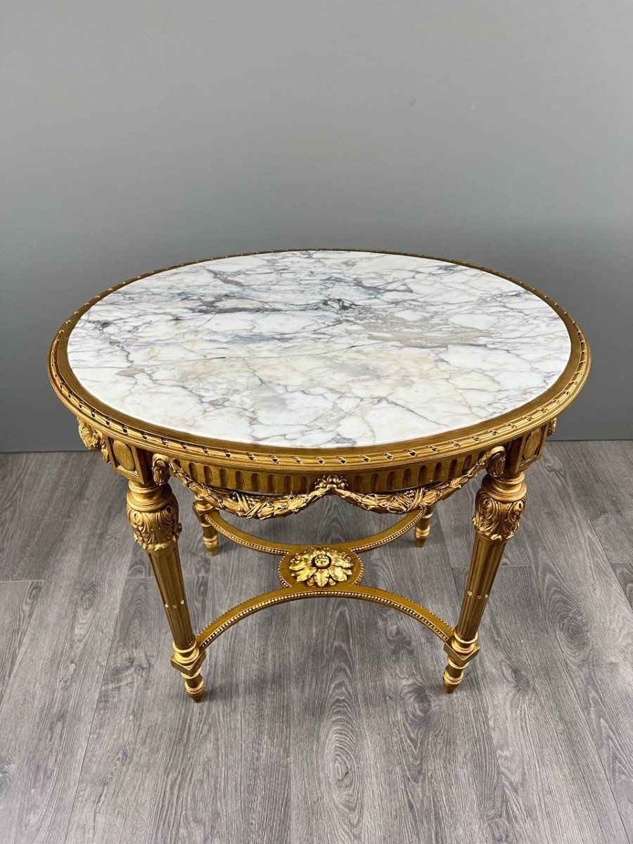 Louis XVI Gueridon Table In Gilded Wood And White Marble, 19th Century-photo-7