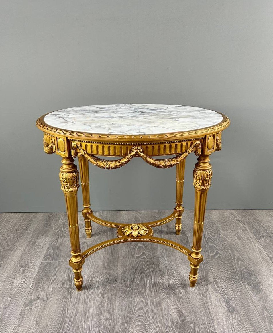 Louis XVI Gueridon Table In Gilded Wood And White Marble, 19th Century