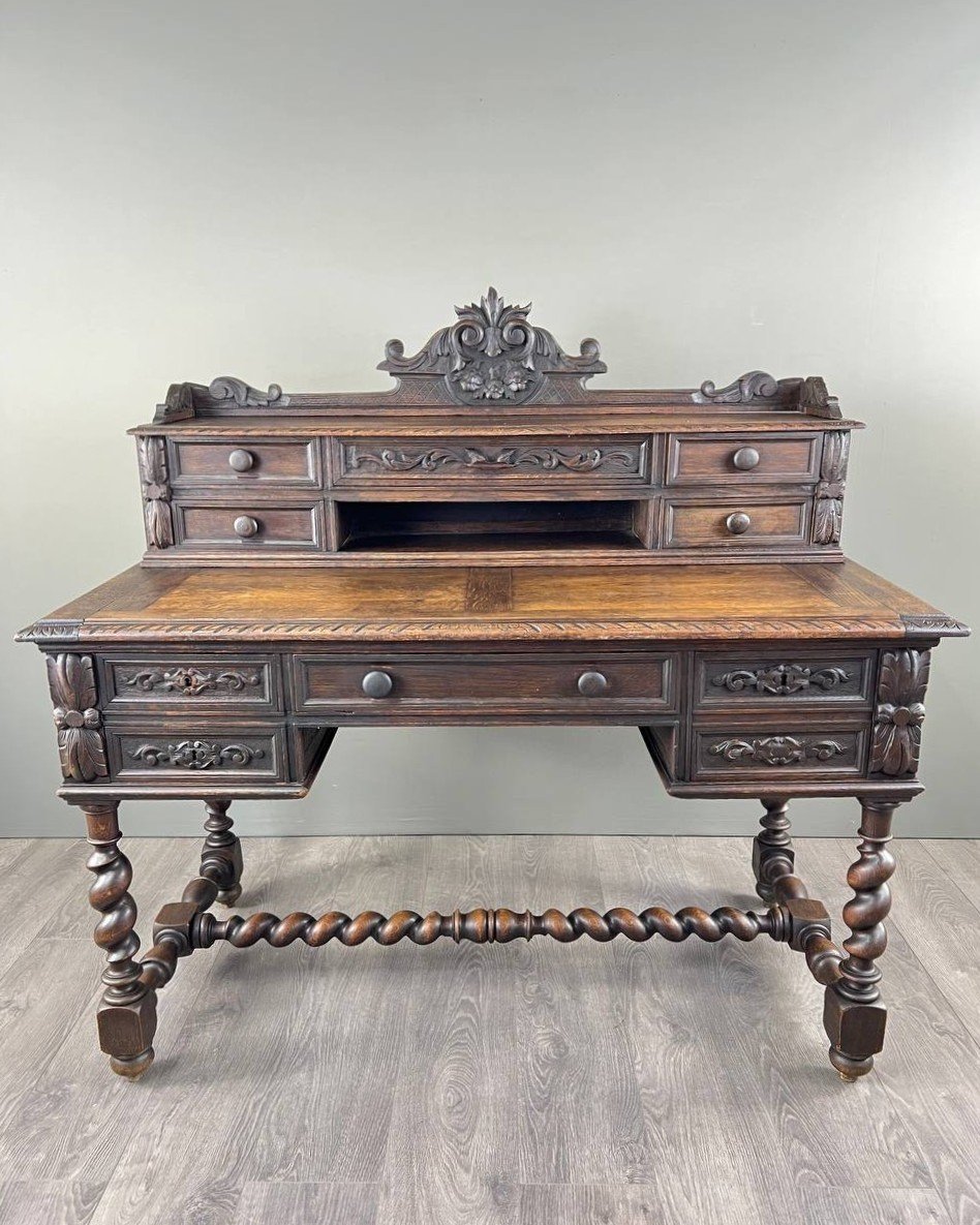 Carved Oak Desk, Renaissance Style, 19th Century