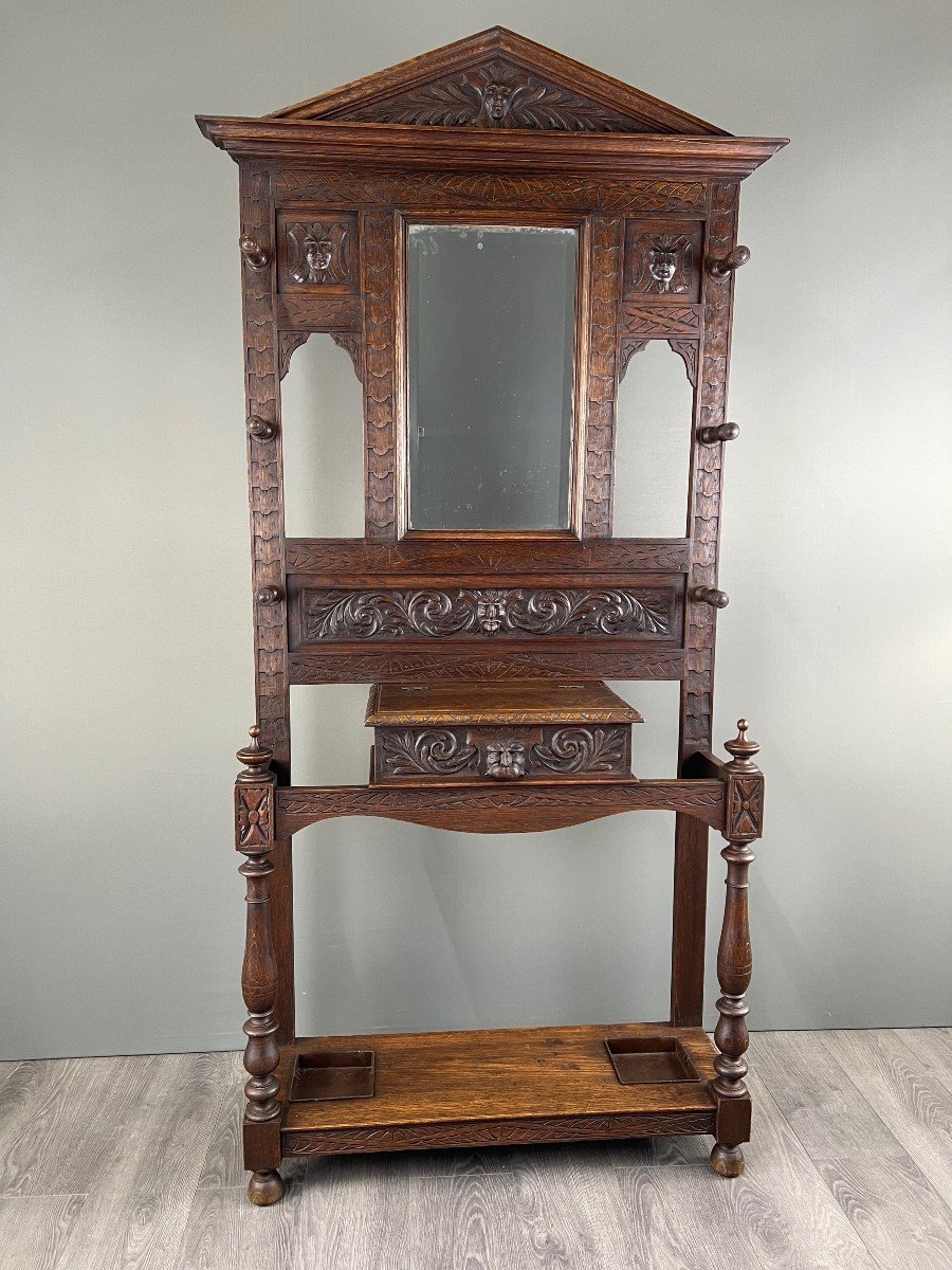  Carved Oak Coat Rack, Neo-gothic Style, 19th Century-photo-3