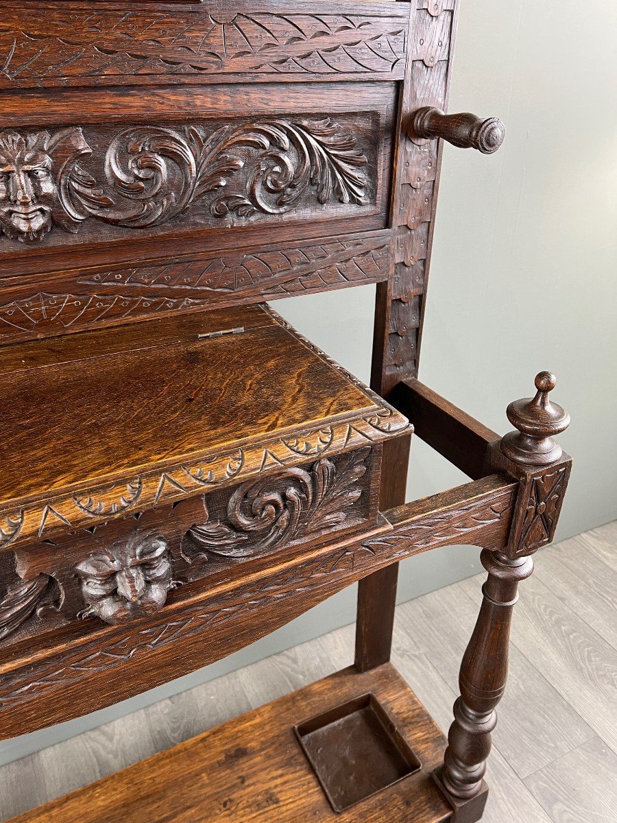  Carved Oak Coat Rack, Neo-gothic Style, 19th Century-photo-3