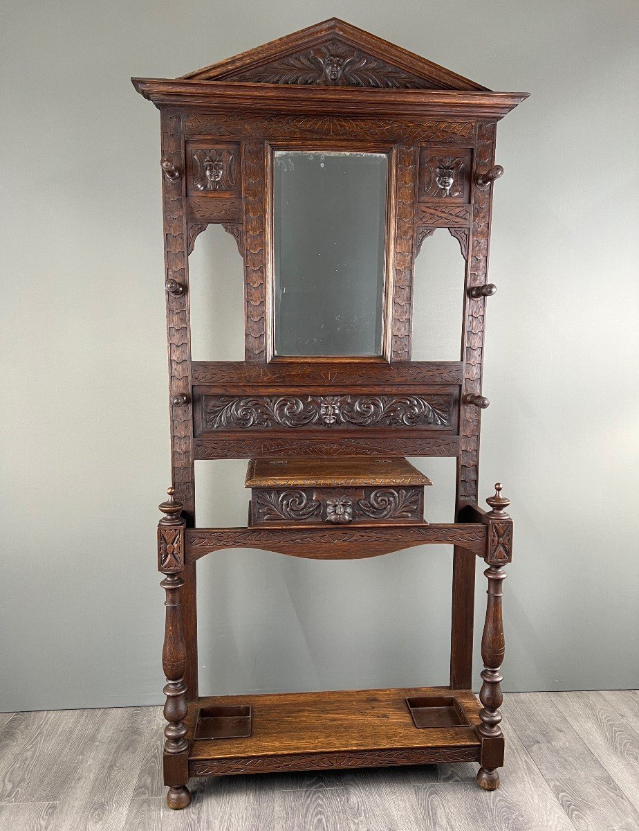  Carved Oak Coat Rack, Neo-gothic Style, 19th Century