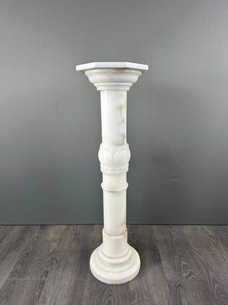 Carved White Marble Column, Mid-20th Century-photo-3