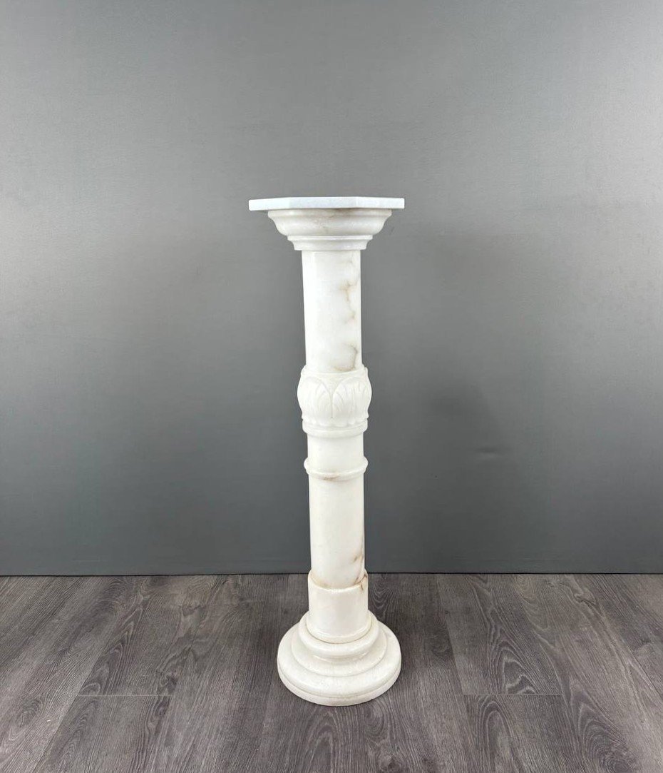 Carved White Marble Column, Mid-20th Century