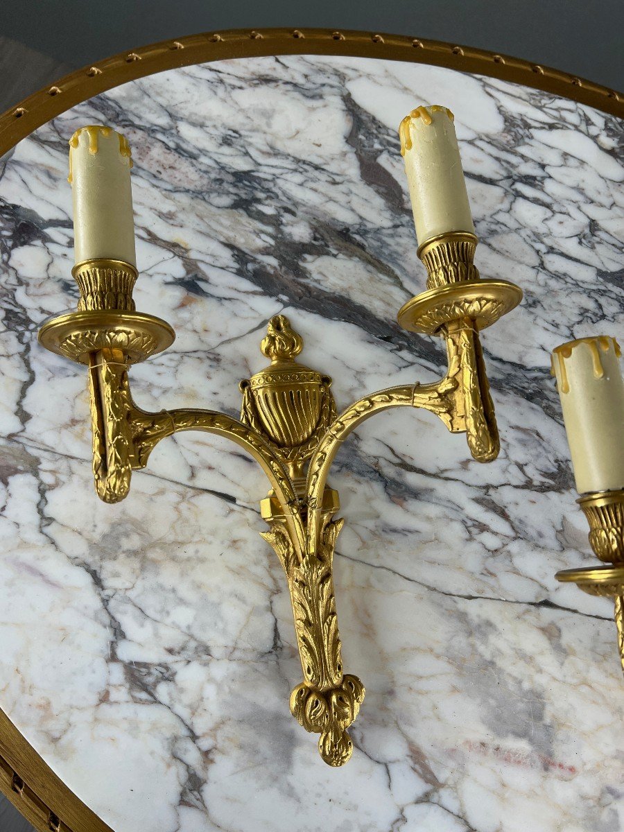 Pair Of Gilt Bronze Wall Lights, Maison Baguès, Louis XVI Style, 20th Century-photo-3