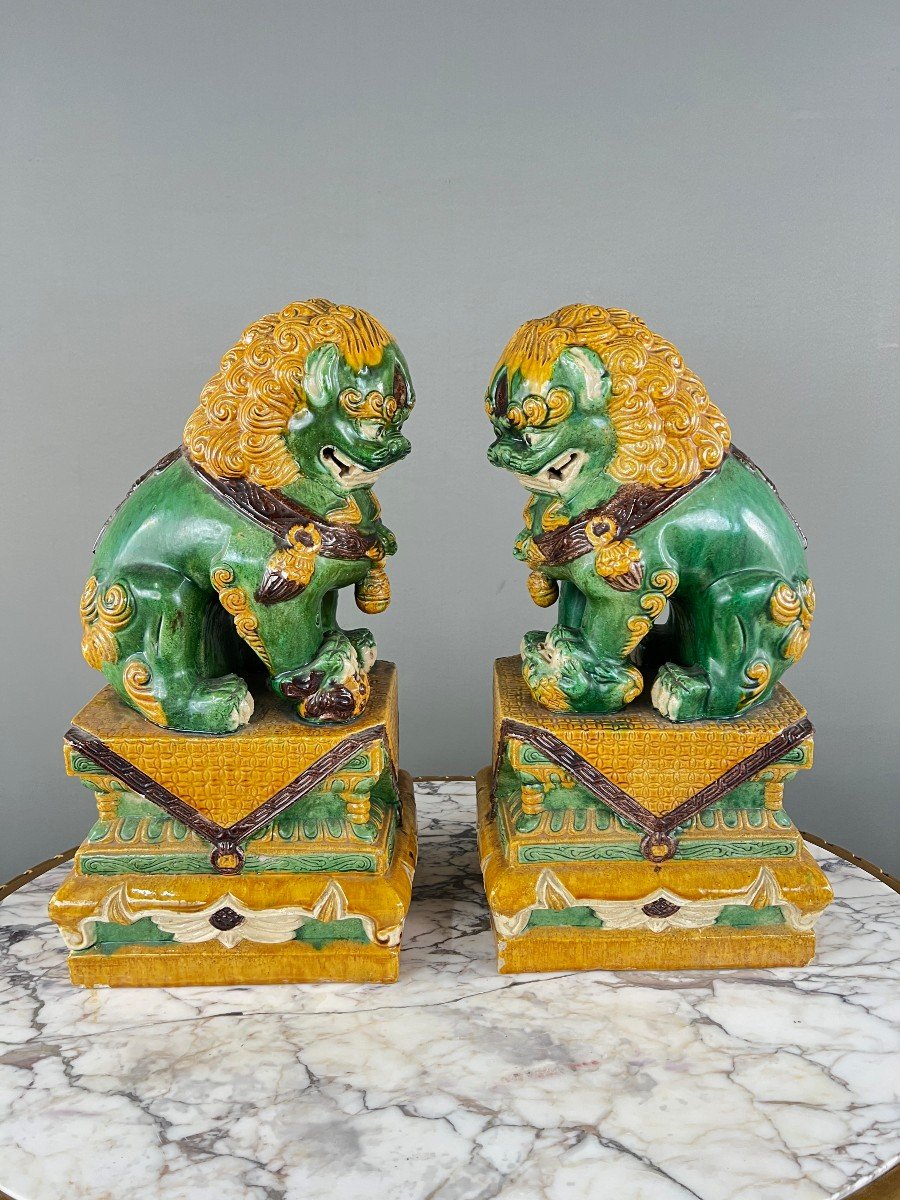 Pair Of Guardian Lions In Glazed Ceramic, China, 20th Century-photo-2