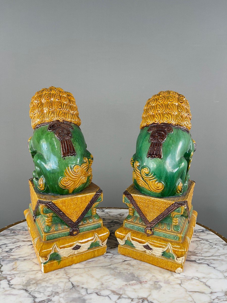 Pair Of Guardian Lions In Glazed Ceramic, China, 20th Century-photo-3