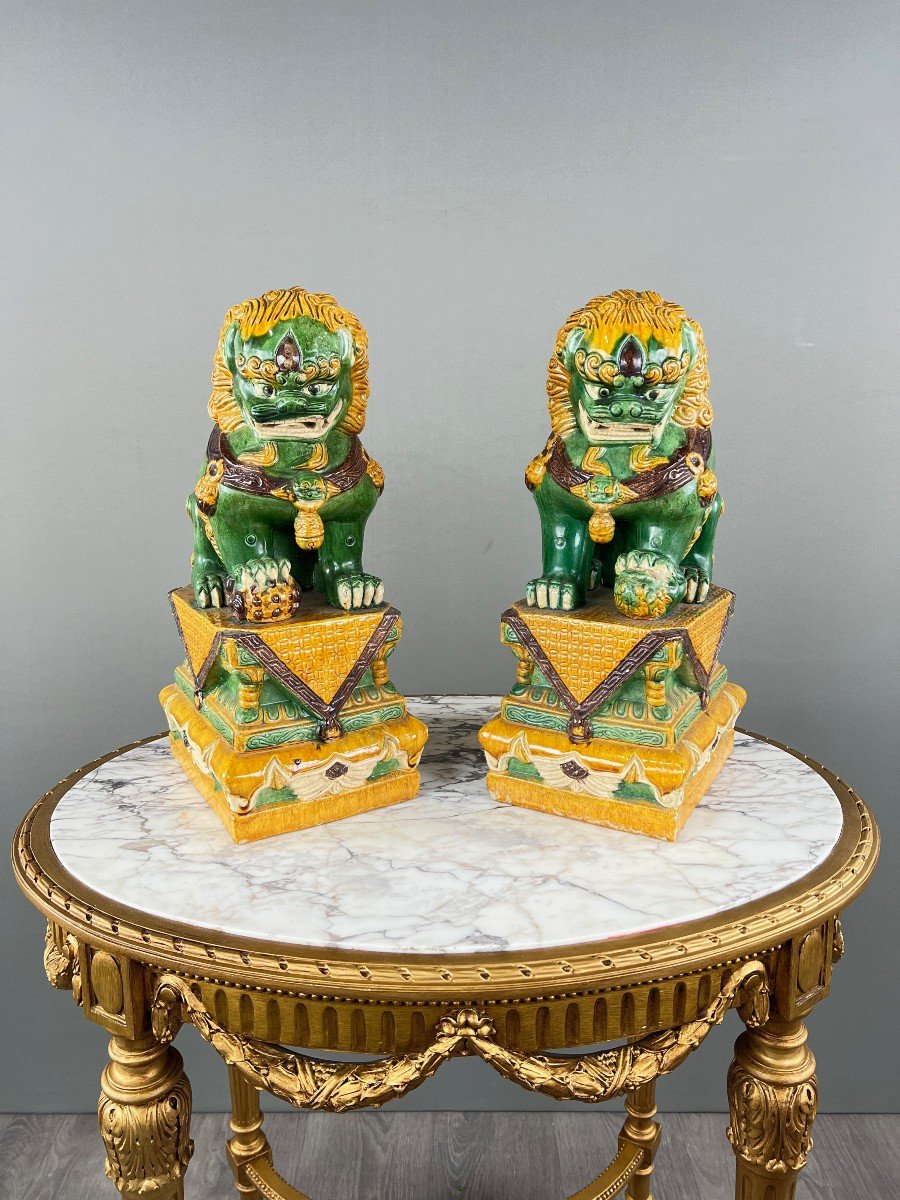 Pair Of Guardian Lions In Glazed Ceramic, China, 20th Century-photo-4