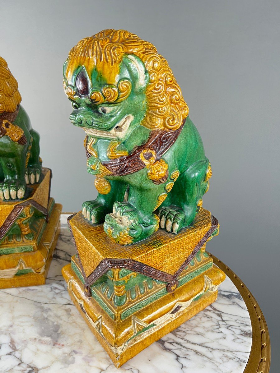 Pair Of Guardian Lions In Glazed Ceramic, China, 20th Century-photo-1