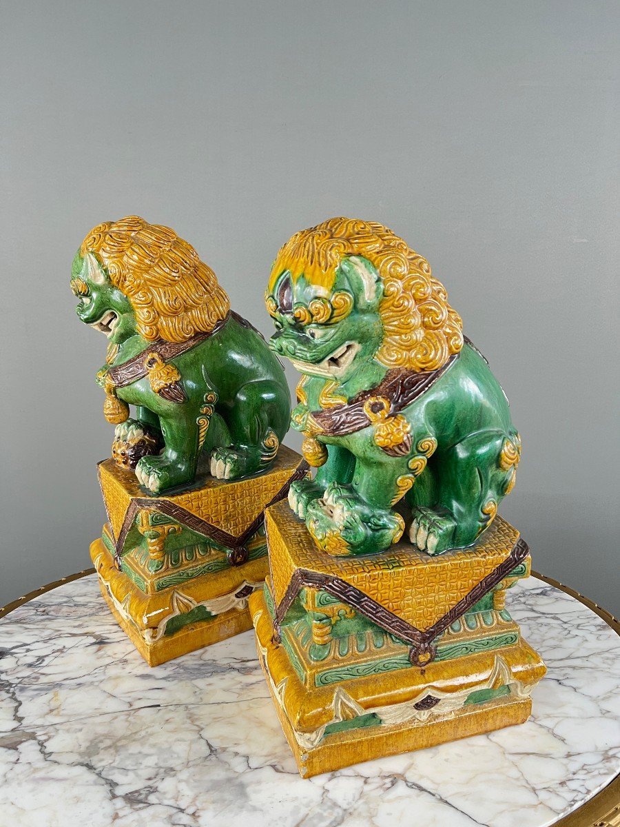 Pair Of Guardian Lions In Glazed Ceramic, China, 20th Century-photo-2