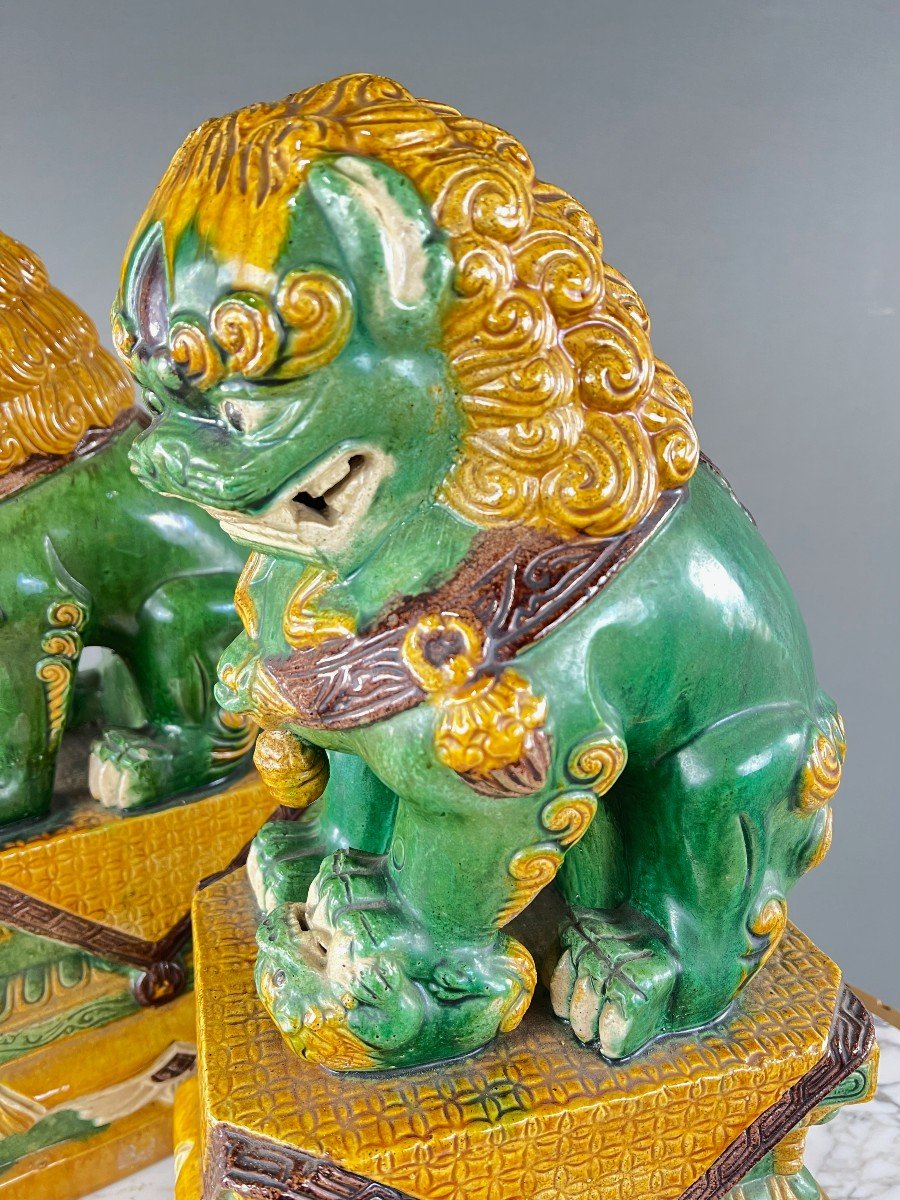 Pair Of Guardian Lions In Glazed Ceramic, China, 20th Century-photo-3