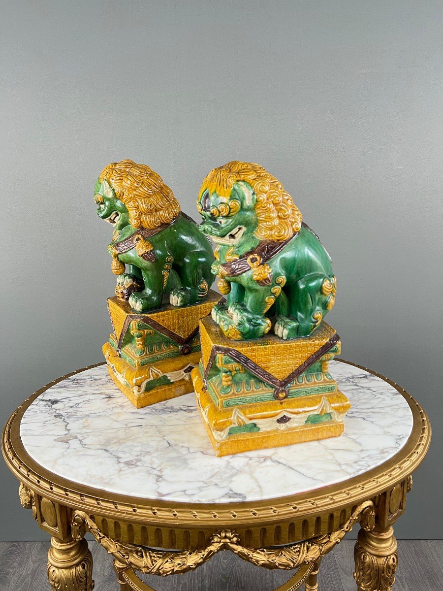 Pair Of Guardian Lions In Glazed Ceramic, China, 20th Century-photo-4