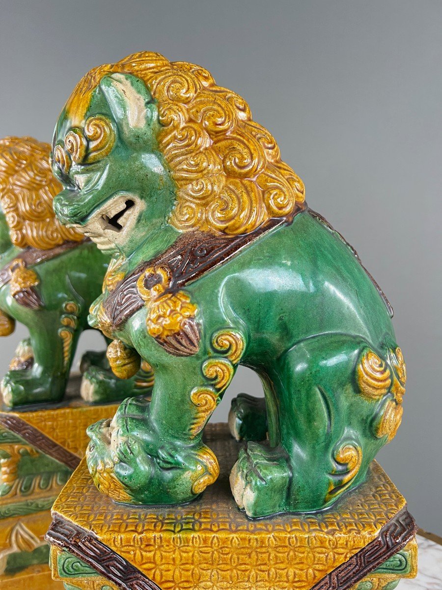 Pair Of Guardian Lions In Glazed Ceramic, China, 20th Century-photo-5