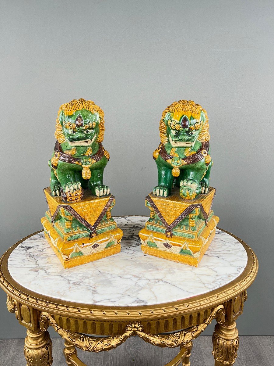 Pair Of Guardian Lions In Glazed Ceramic, China, 20th Century-photo-7