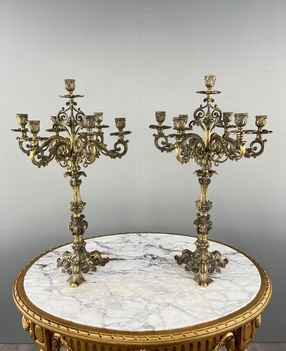 Pair Of Gilt Bronze Candelabra, Louis XV Style, Early 20th Century 