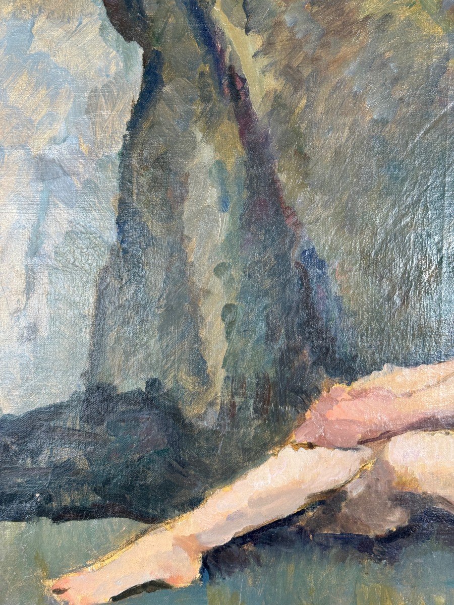 Oil Painting On Canvas Seated Nude, French School, Early 20th Century-photo-4