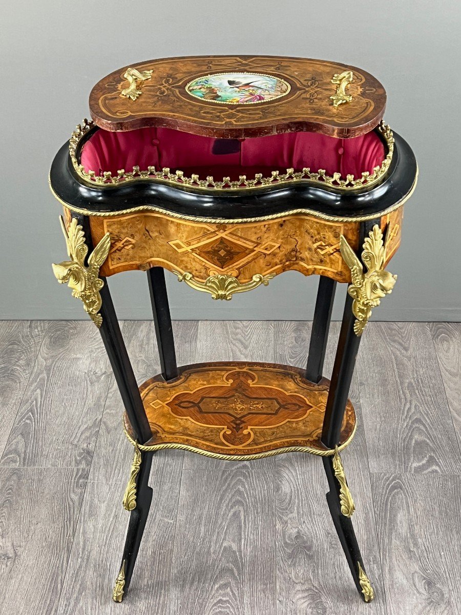 Guéridon Table De Salon Napoléon III En Marqueterie, Bronze Doré Et Porcelaine Peinte-photo-2