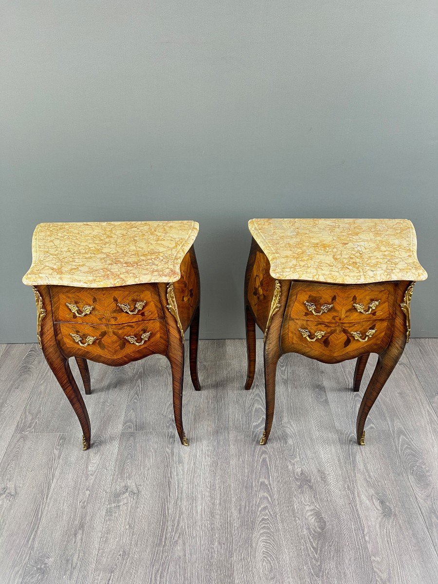 Pair Of Louis XV Style Bedside Tables In Marquetry And Marble – 19th Century-photo-2