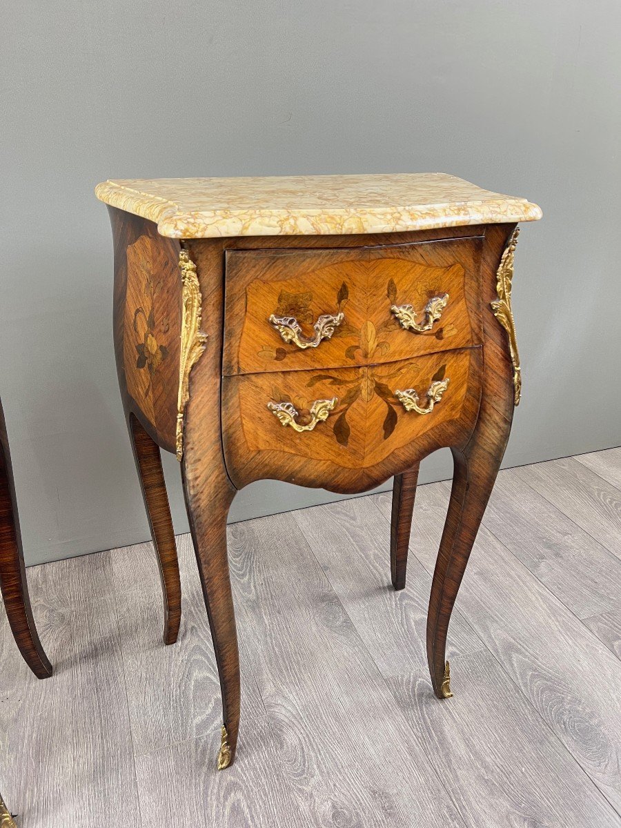 Pair Of Louis XV Style Bedside Tables In Marquetry And Marble – 19th Century-photo-3