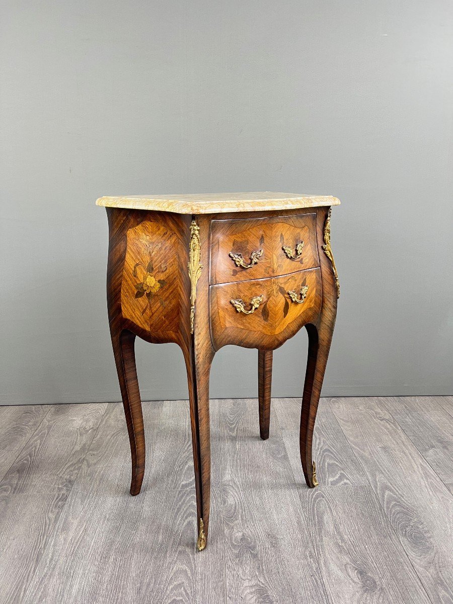 Pair Of Louis XV Style Bedside Tables In Marquetry And Marble – 19th Century-photo-4