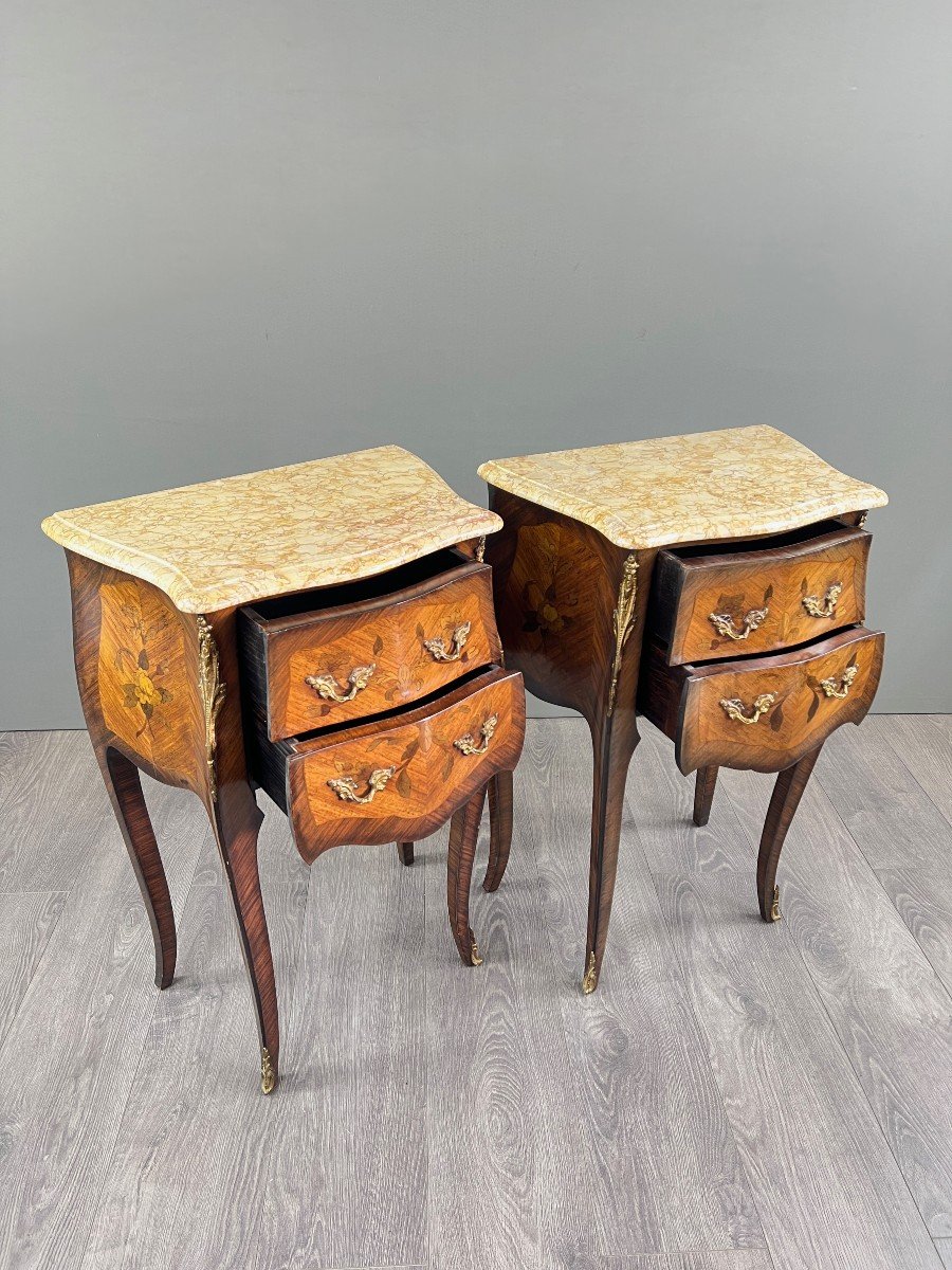 Pair Of Louis XV Style Bedside Tables In Marquetry And Marble – 19th Century-photo-1