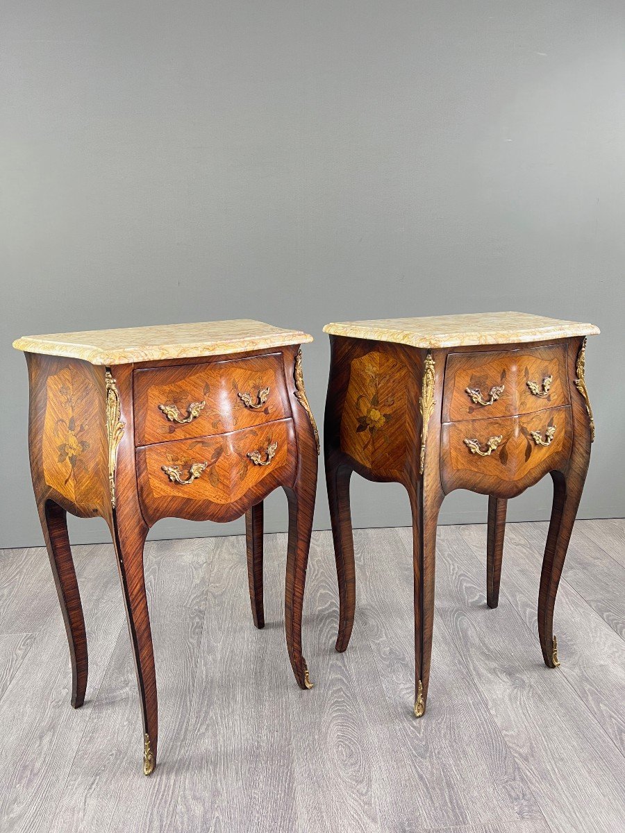 Pair Of Louis XV Style Bedside Tables In Marquetry And Marble – 19th Century-photo-2