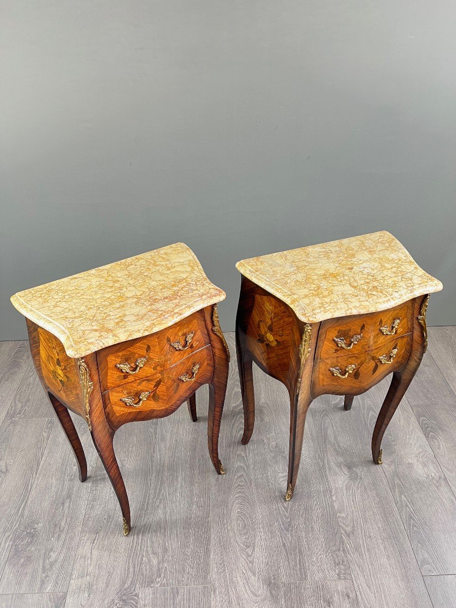 Pair Of Louis XV Style Bedside Tables In Marquetry And Marble – 19th Century-photo-4