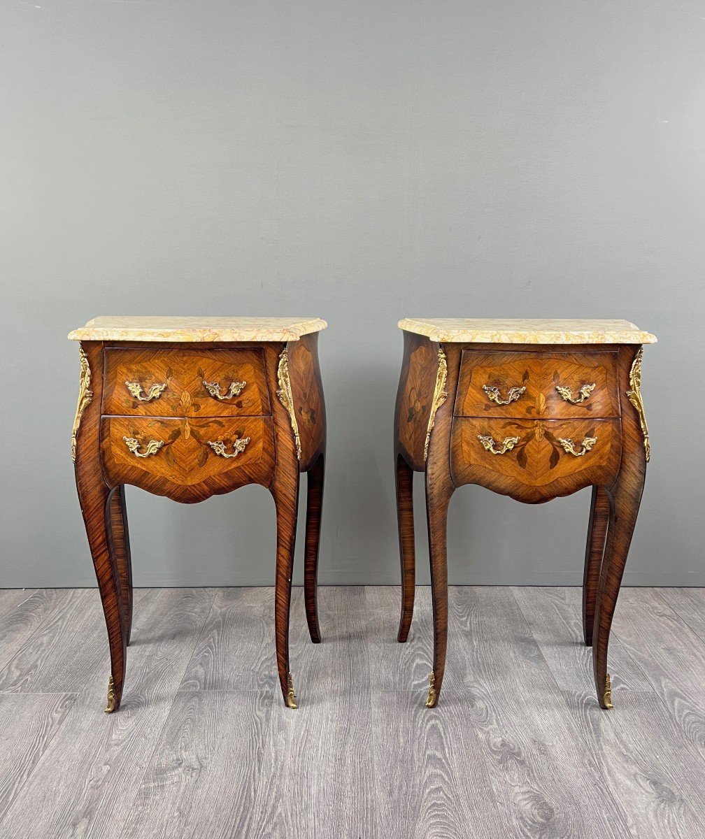 Pair Of Louis XV Style Bedside Tables In Marquetry And Marble – 19th Century