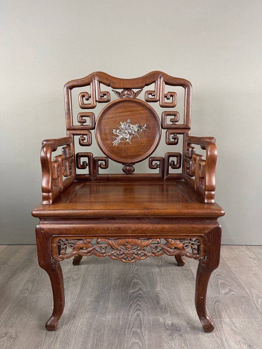 Set Of Chinese Asian Carved And Inlaid Wood Armchairs, Late 19th / Early 20th Century-photo-2