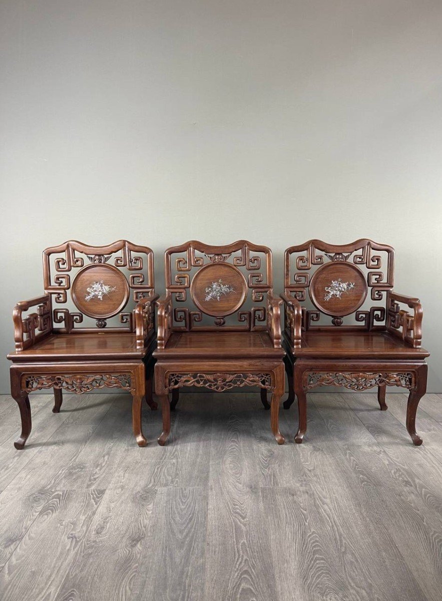 Set Of Chinese Asian Carved And Inlaid Wood Armchairs, Late 19th / Early 20th Century-photo-3