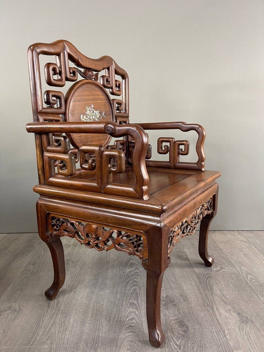 Set Of Chinese Asian Carved And Inlaid Wood Armchairs, Late 19th / Early 20th Century-photo-4