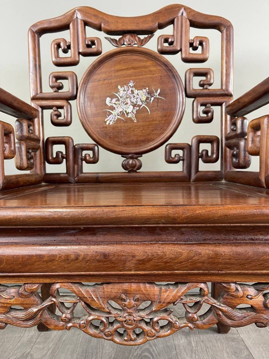 Set Of Chinese Asian Carved And Inlaid Wood Armchairs, Late 19th / Early 20th Century-photo-1