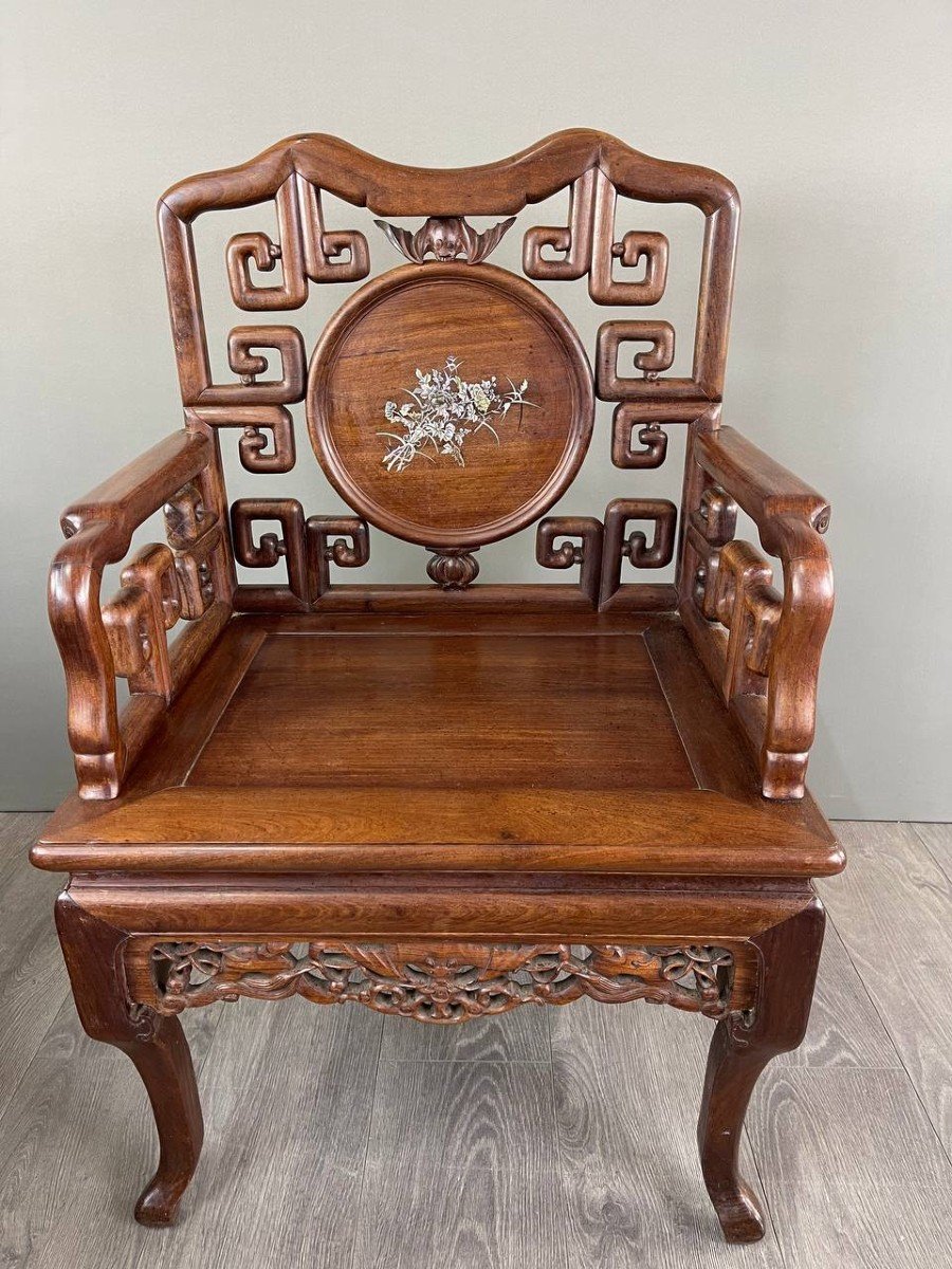 Set Of Chinese Asian Carved And Inlaid Wood Armchairs, Late 19th / Early 20th Century-photo-2