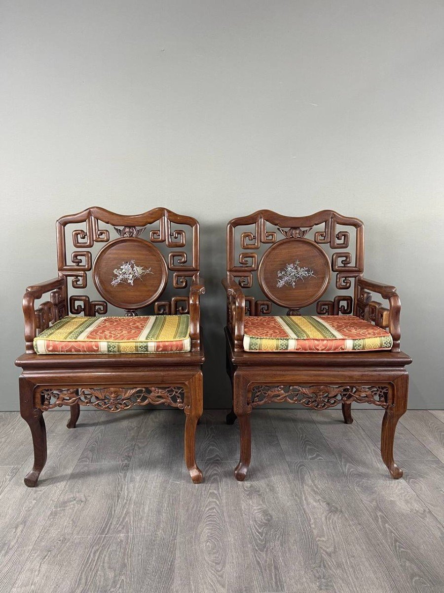 Set Of Chinese Asian Carved And Inlaid Wood Armchairs, Late 19th / Early 20th Century-photo-3