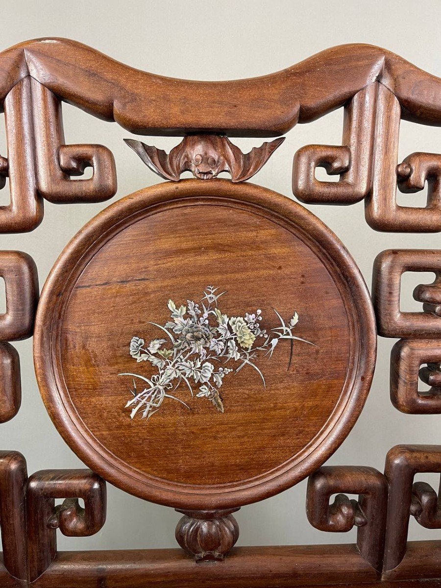 Set Of Chinese Asian Carved And Inlaid Wood Armchairs, Late 19th / Early 20th Century-photo-4