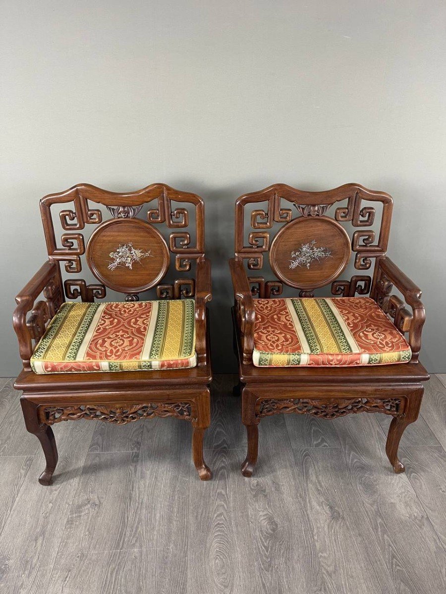 Set Of Chinese Asian Carved And Inlaid Wood Armchairs, Late 19th / Early 20th Century-photo-5