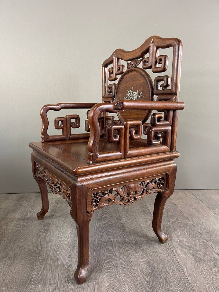 Set Of Chinese Asian Carved And Inlaid Wood Armchairs, Late 19th / Early 20th Century-photo-6