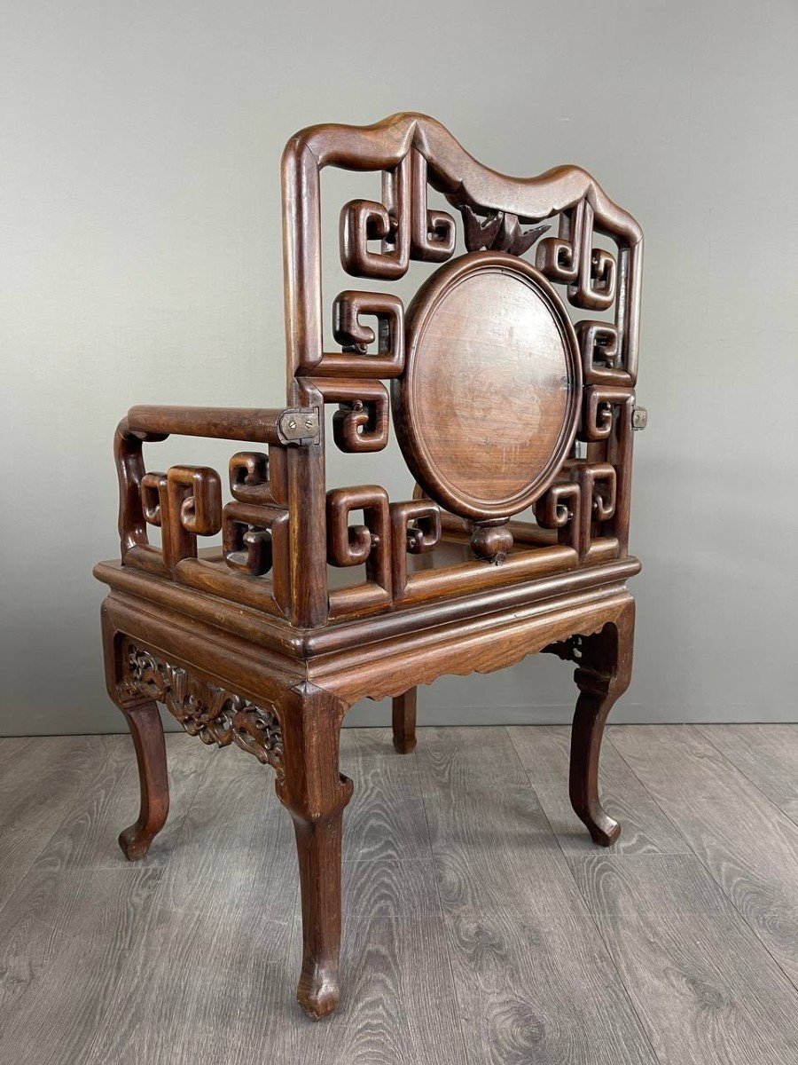 Set Of Chinese Asian Carved And Inlaid Wood Armchairs, Late 19th / Early 20th Century-photo-7