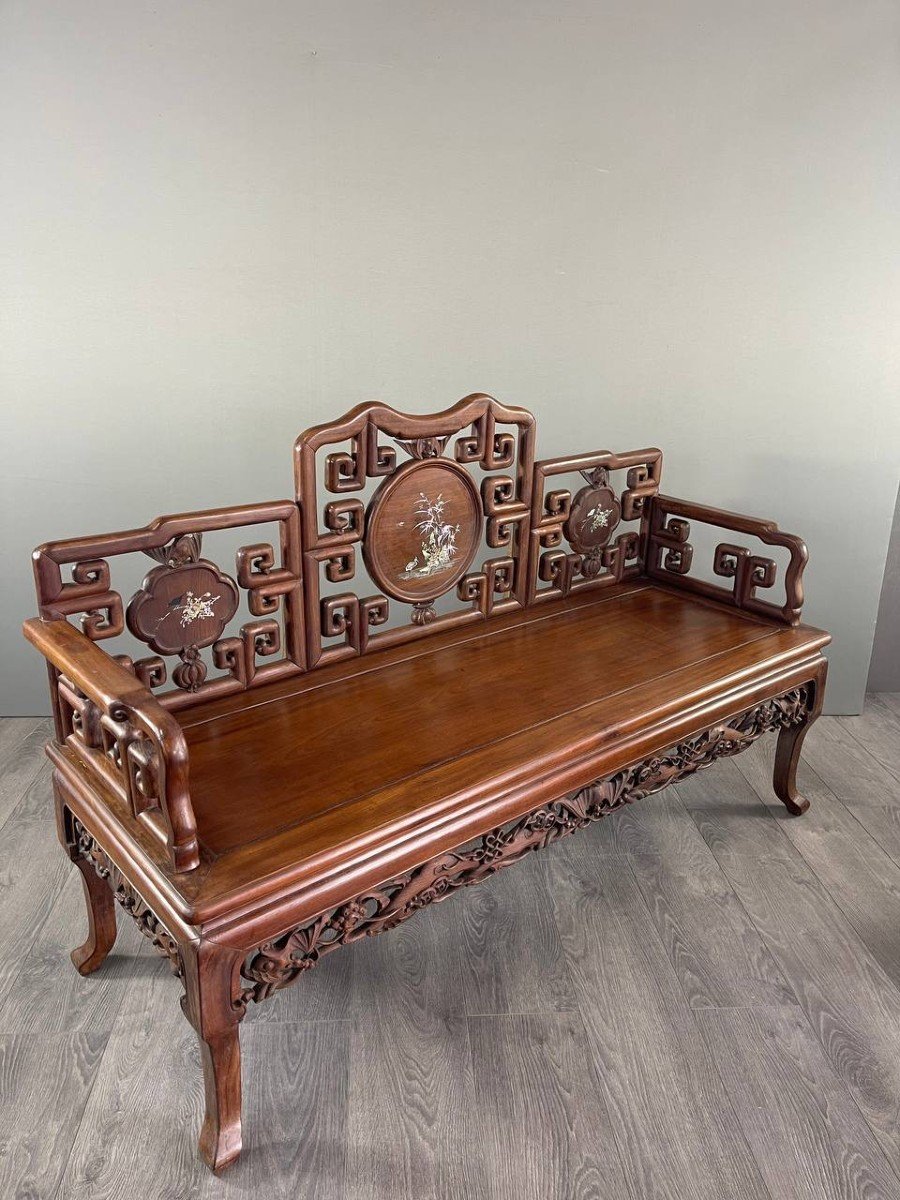 Pair Of Chinese Asian Bench Sofas In Carved And Inlaid Wood, Late 19th/early 20th Century-photo-2