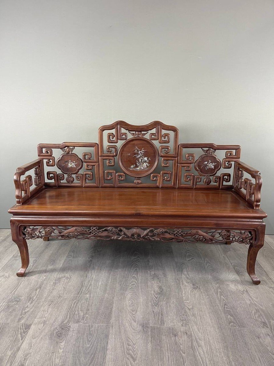 Pair Of Chinese Asian Bench Sofas In Carved And Inlaid Wood, Late 19th/early 20th Century-photo-3