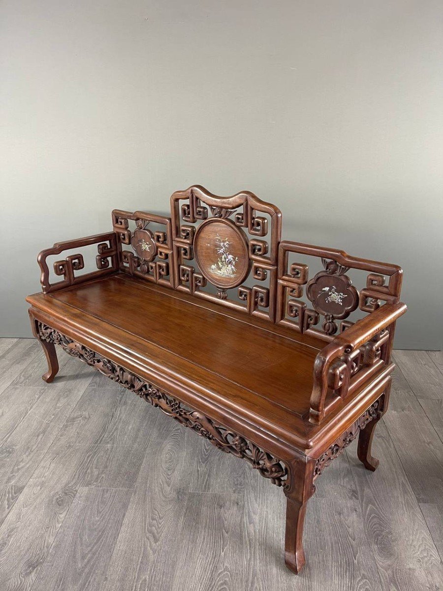 Pair Of Chinese Asian Bench Sofas In Carved And Inlaid Wood, Late 19th/early 20th Century-photo-4