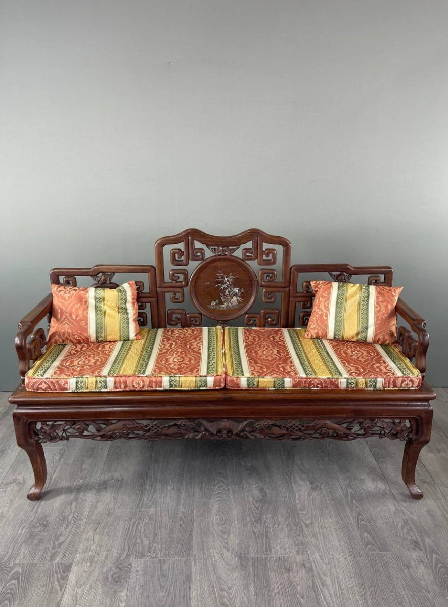 Pair Of Chinese Asian Bench Sofas In Carved And Inlaid Wood, Late 19th/early 20th Century-photo-1