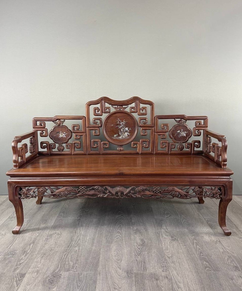 Pair Of Chinese Asian Bench Sofas In Carved And Inlaid Wood, Late 19th/early 20th Century