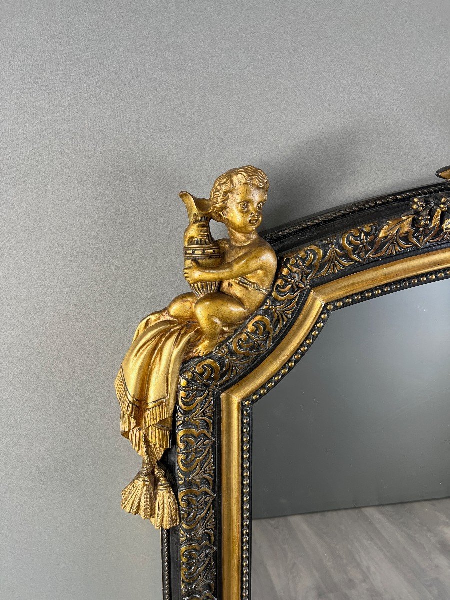 Large Mirror With Carved And Gilded Wood Pediment, Napoleon III Style-photo-3